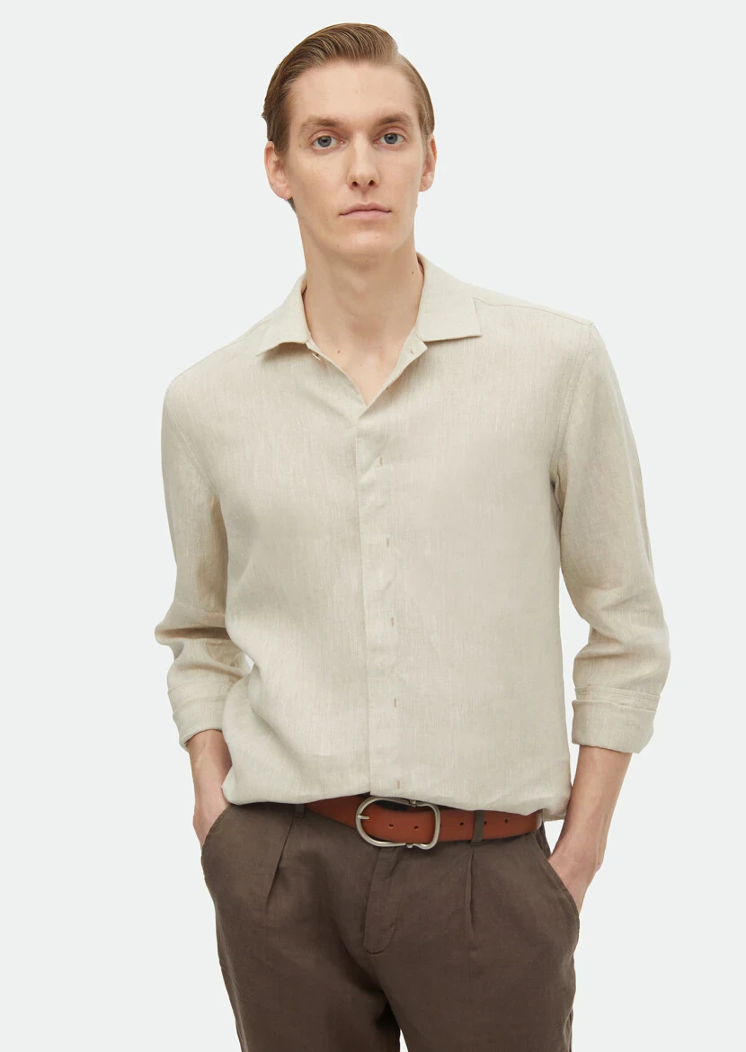 Beige Plain Regular Fit Weaving Casual 100% Linen Shirt 