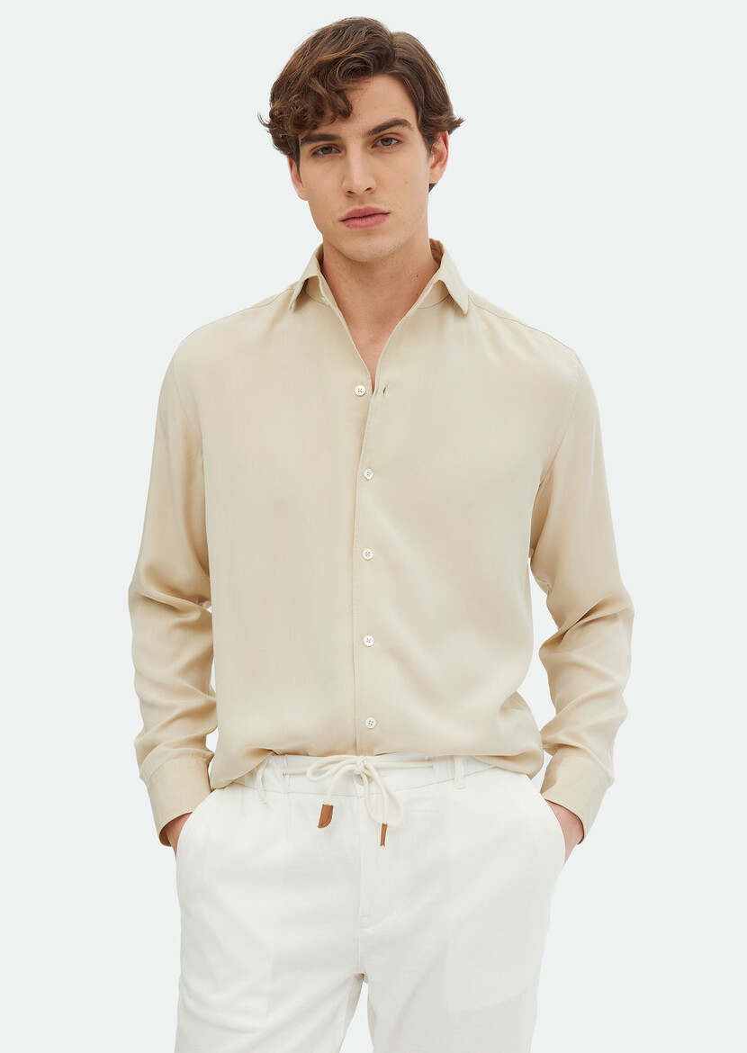 Beige Plain Regular Fit Weaving Casual Shirt 