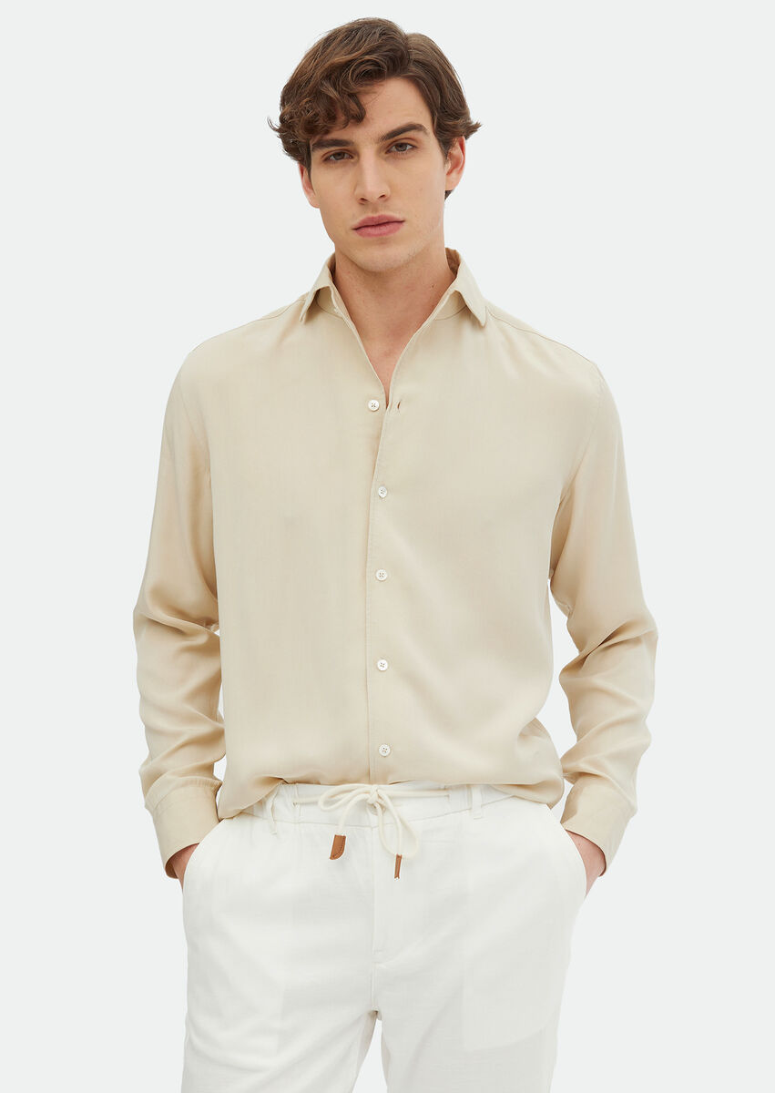 Beige Plain Regular Fit Weaving Casual Shirt - 1