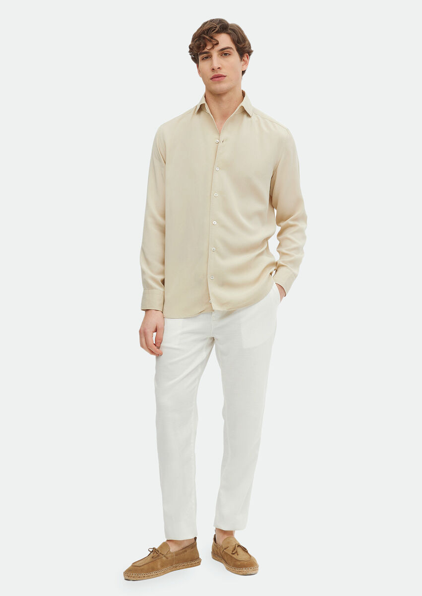 Beige Plain Regular Fit Weaving Casual Shirt - 2