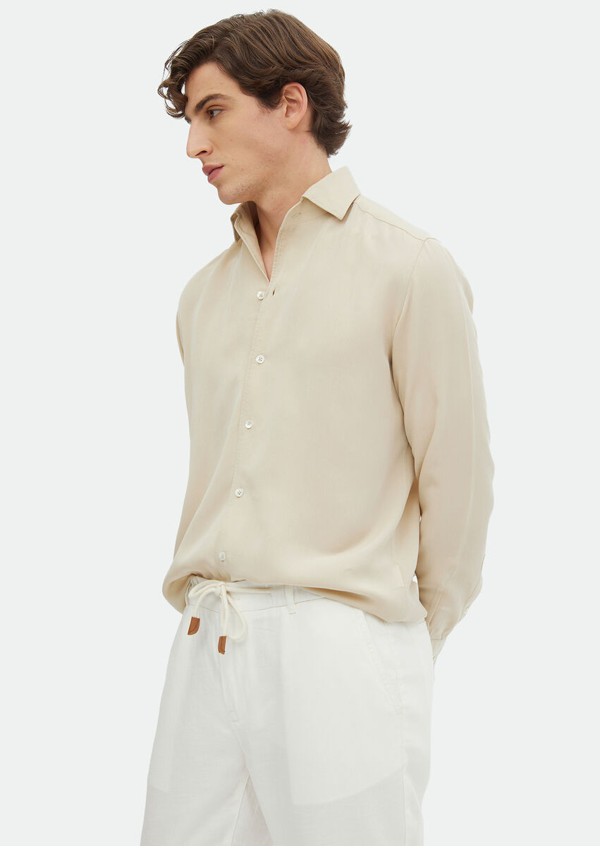 Beige Plain Regular Fit Weaving Casual Shirt - 3