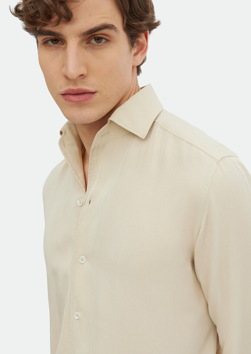 Beige Plain Regular Fit Weaving Casual Shirt - 4