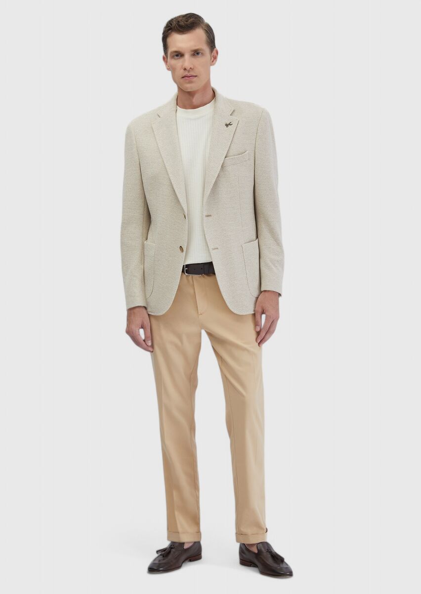 Beige Plain Shirt Shoulder Slim Fit Cotton Blended Jacket - 3