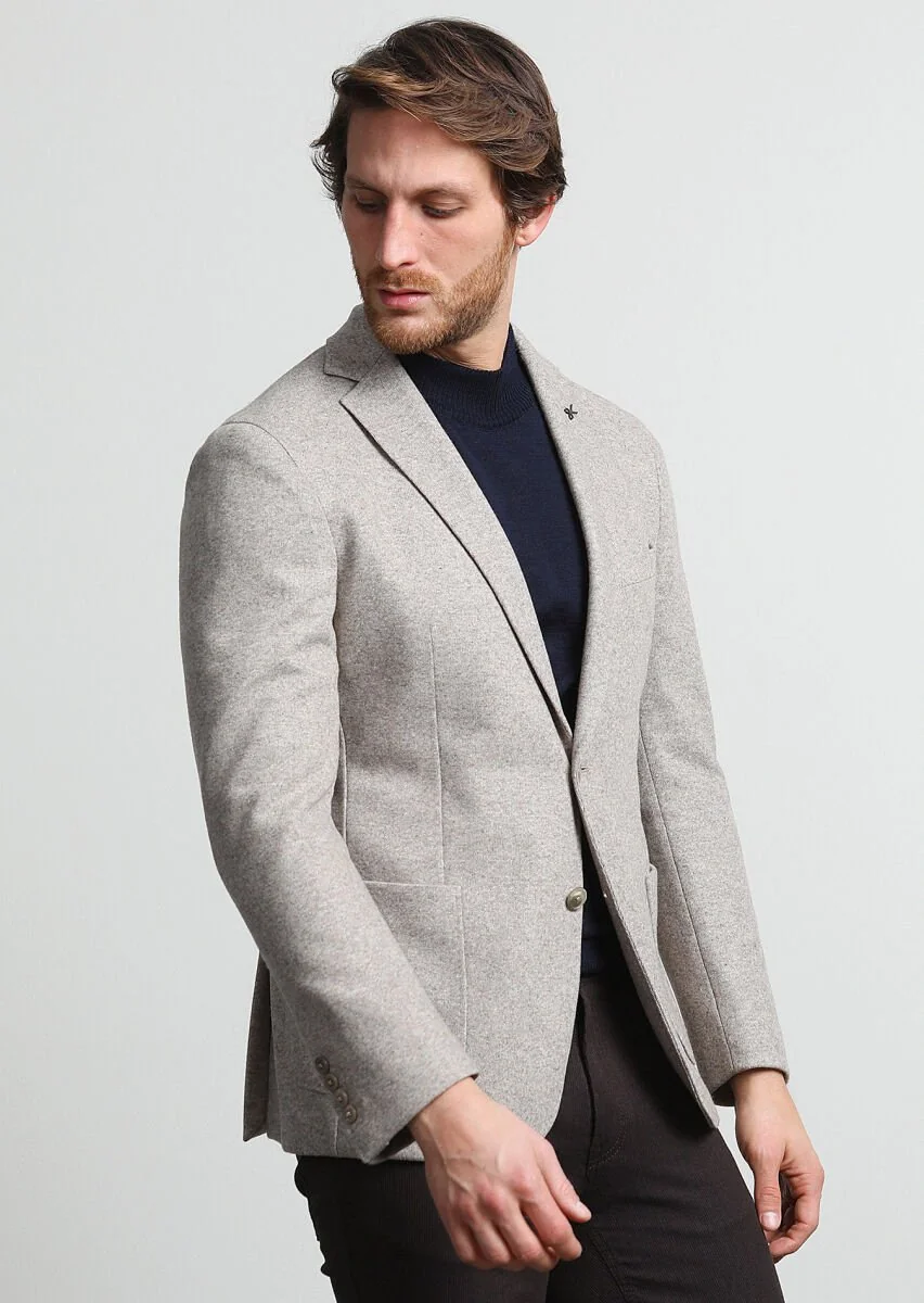 Beige Plain Shirt Shoulder Slim Fit Wool Blended Jacket - 1