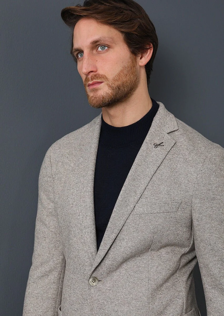 Beige Plain Shirt Shoulder Slim Fit Wool Blended Jacket - 2