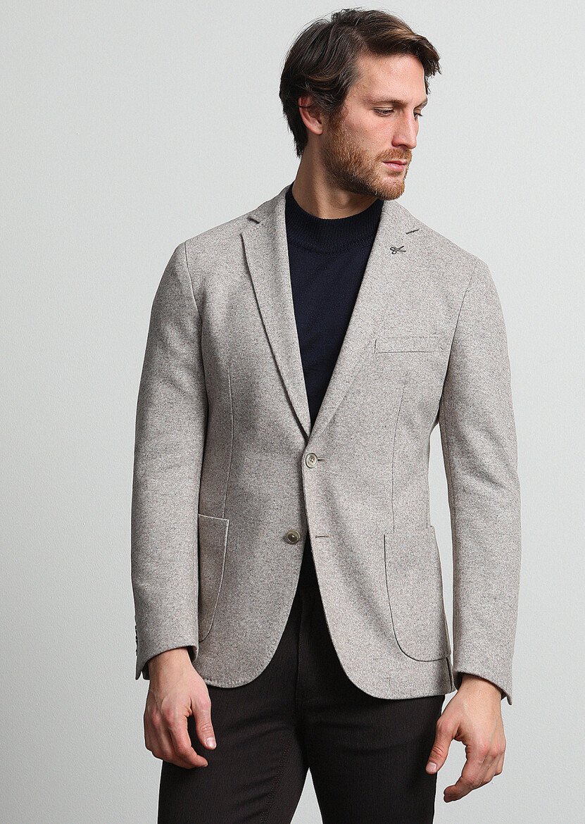 Beige Plain Shirt Shoulder Slim Fit Wool Blended Jacket - 3