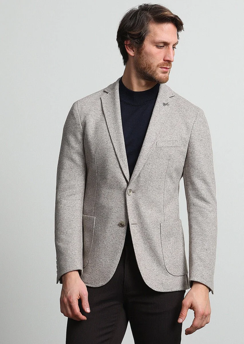Beige Plain Shirt Shoulder Slim Fit Wool Blended Jacket - 3