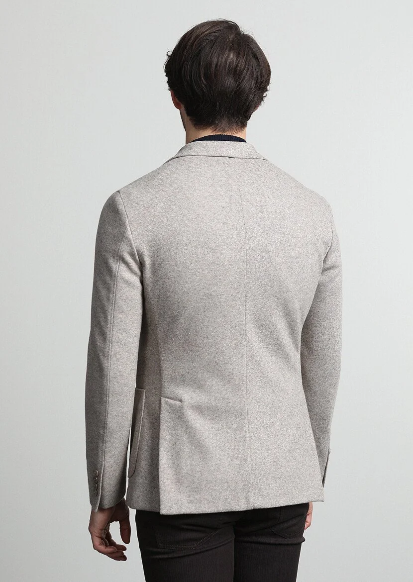 Beige Plain Shirt Shoulder Slim Fit Wool Blended Jacket - 4