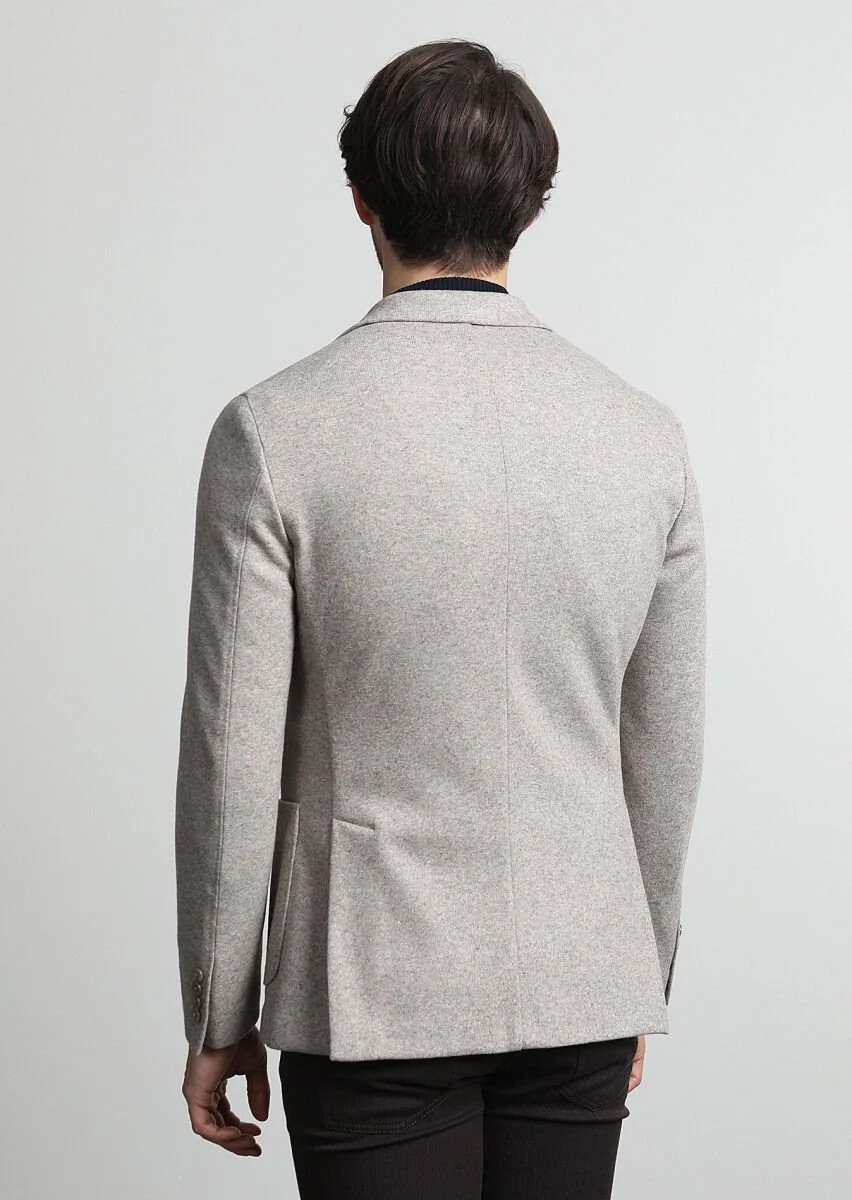 Beige Plain Shirt Shoulder Slim Fit Wool Blended Jacket - 4