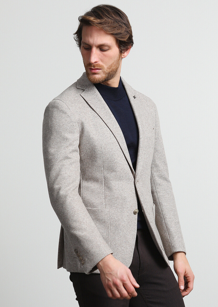 Beige Plain Shirt Shoulder Slim Fit Wool Blended Jacket - 1