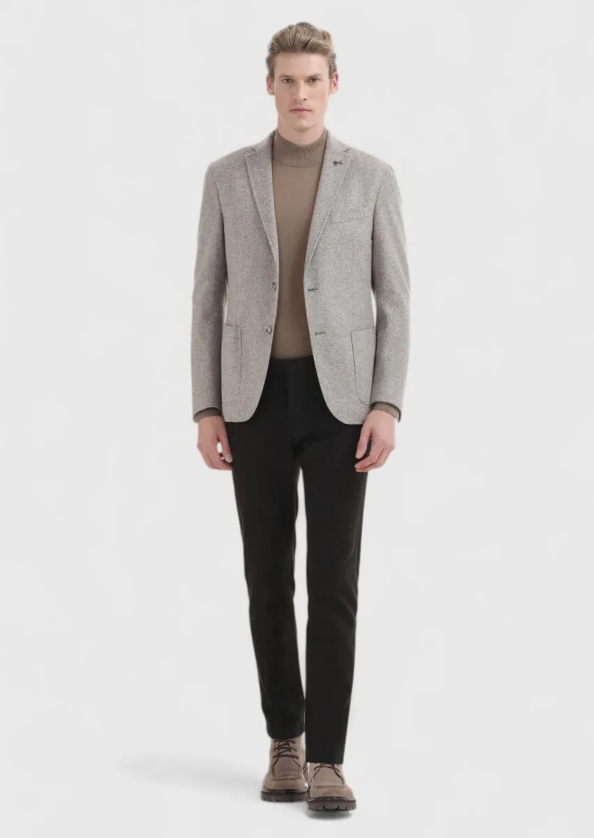 Beige Plain Shirt Shoulder Slim Fit Wool Blended Jacket - 1