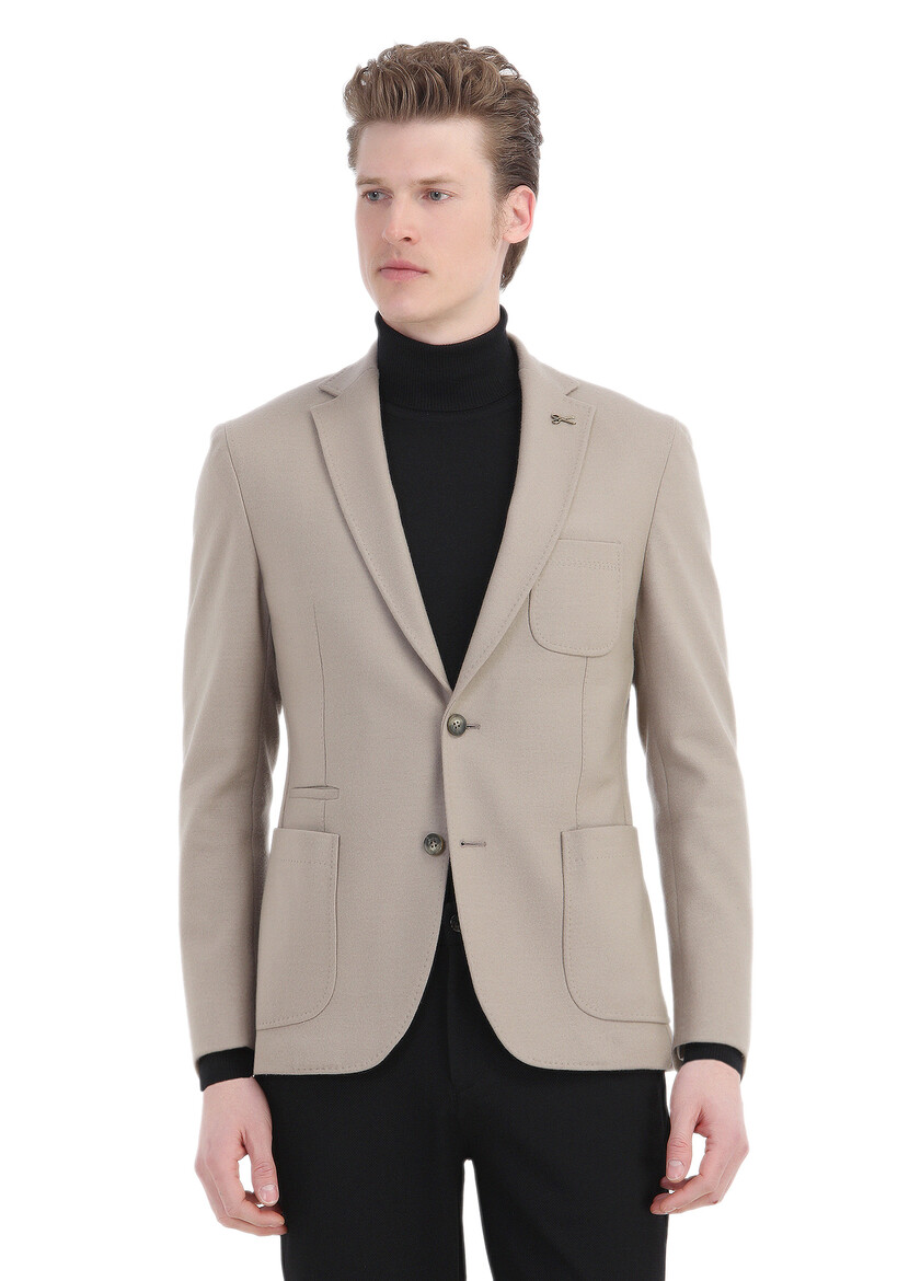 Beige Plain Shirt Shoulder Slim Fit Wool Blended Jacket - 1