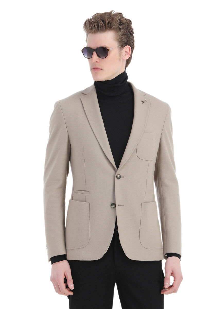 Beige Plain Shirt Shoulder Slim Fit Wool Blended Jacket - 3