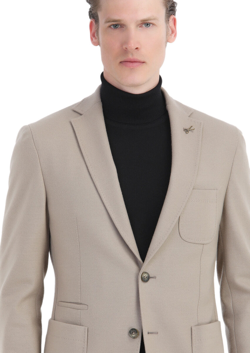 Beige Plain Shirt Shoulder Slim Fit Wool Blended Jacket - 4