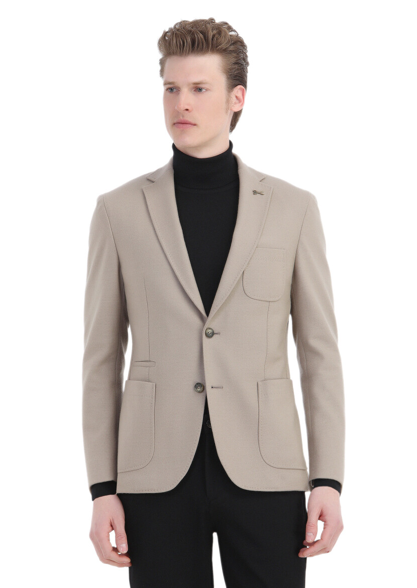 Beige Plain Shirt Shoulder Slim Fit Wool Blended Jacket - 1