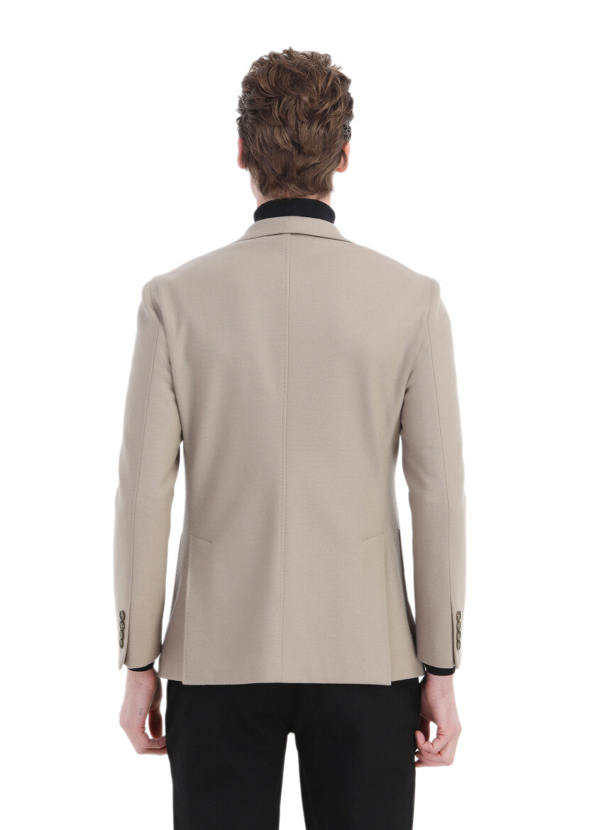 Beige Plain Shirt Shoulder Slim Fit Wool Blended Jacket - 6