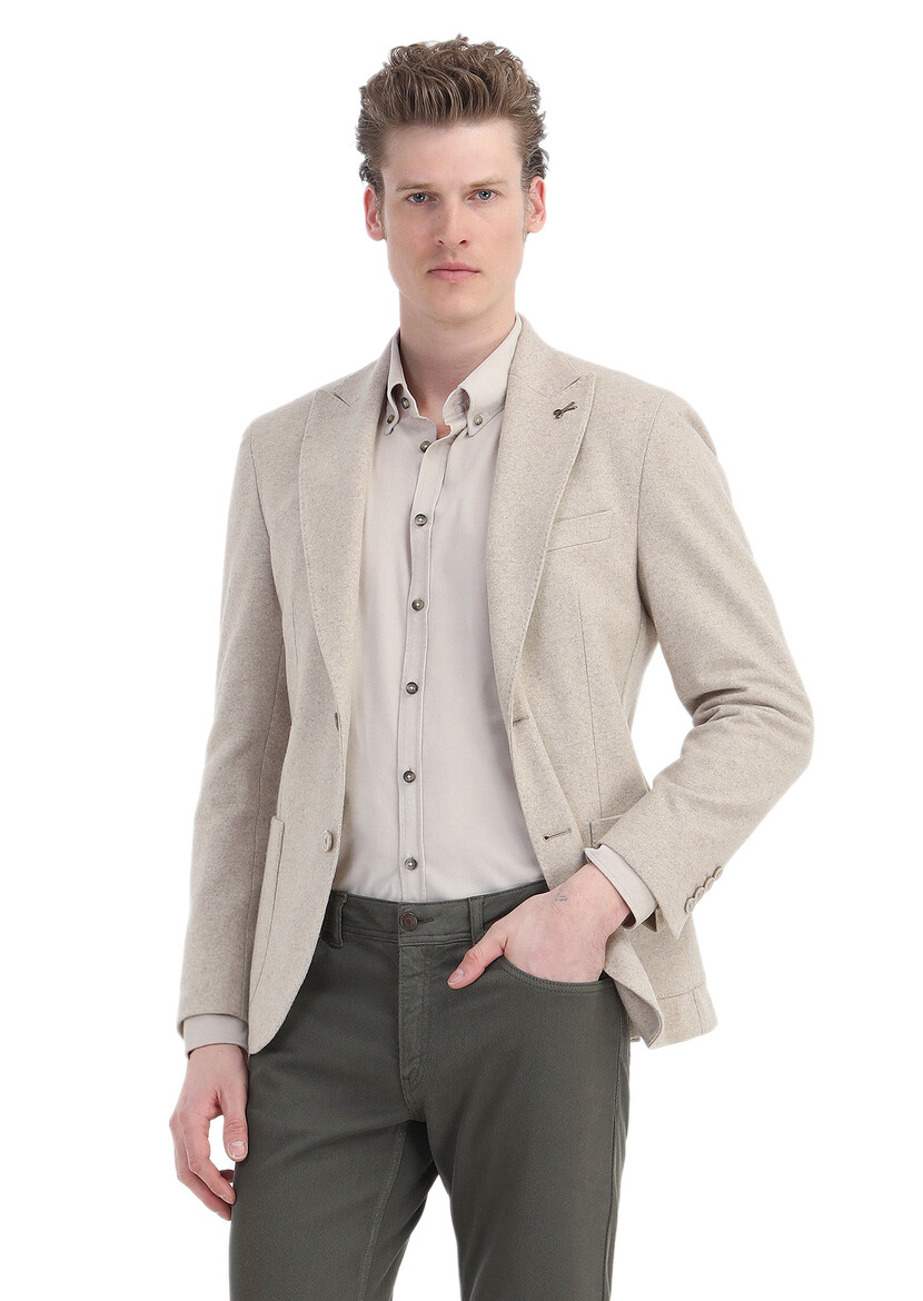 Beige Plain Shirt Shoulder Slim Fit Wool Blended Jacket - 1