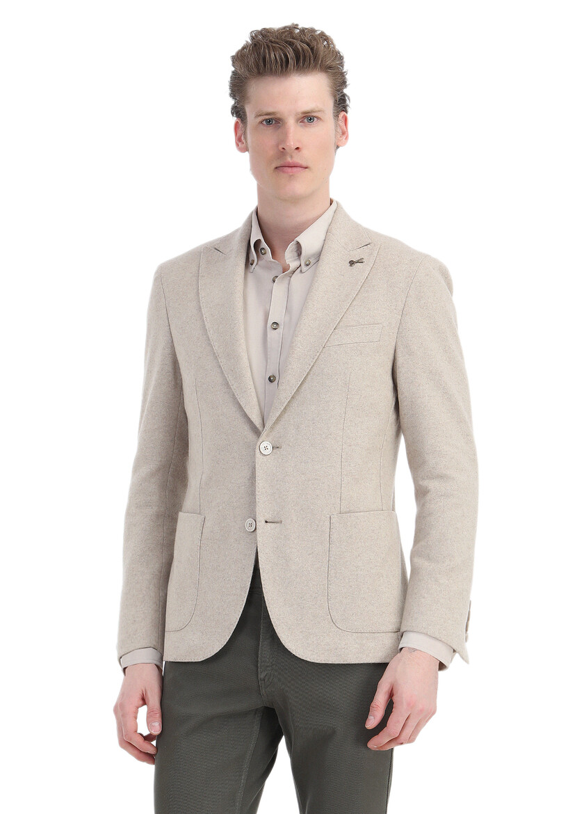 Beige Plain Shirt Shoulder Slim Fit Wool Blended Jacket - 3