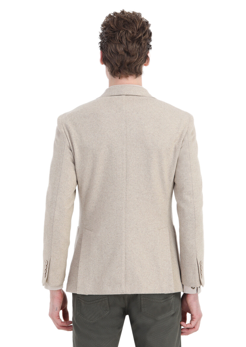 Beige Plain Shirt Shoulder Slim Fit Wool Blended Jacket - 7