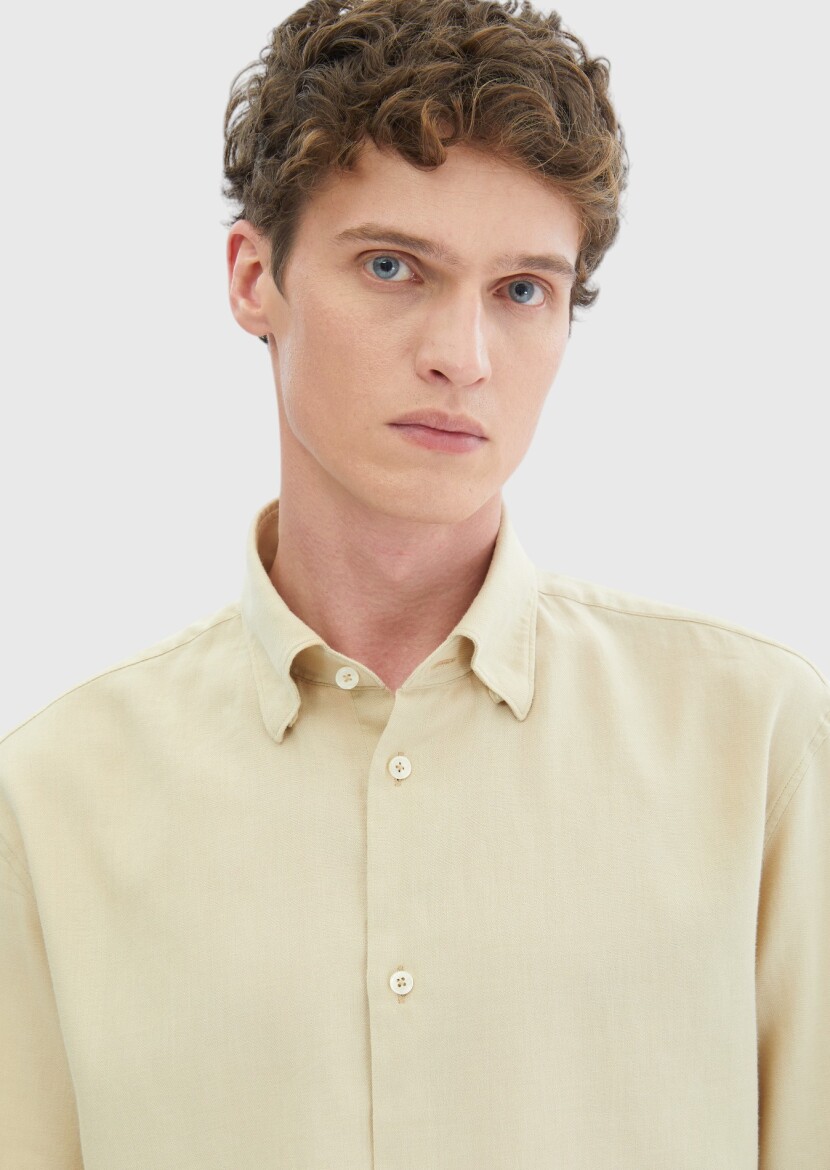 Beige Plain Weaving Casual Wool Blended Shirt - 4