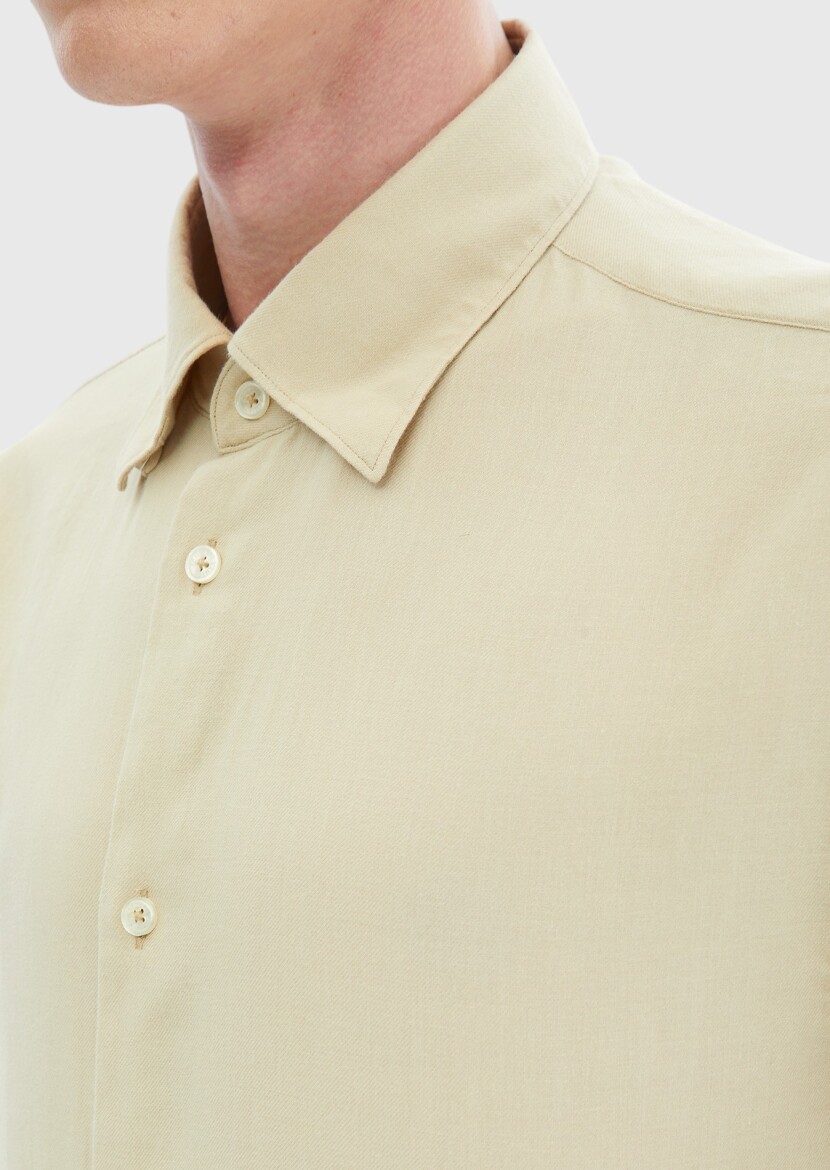 Beige Plain Weaving Casual Wool Blended Shirt - 5