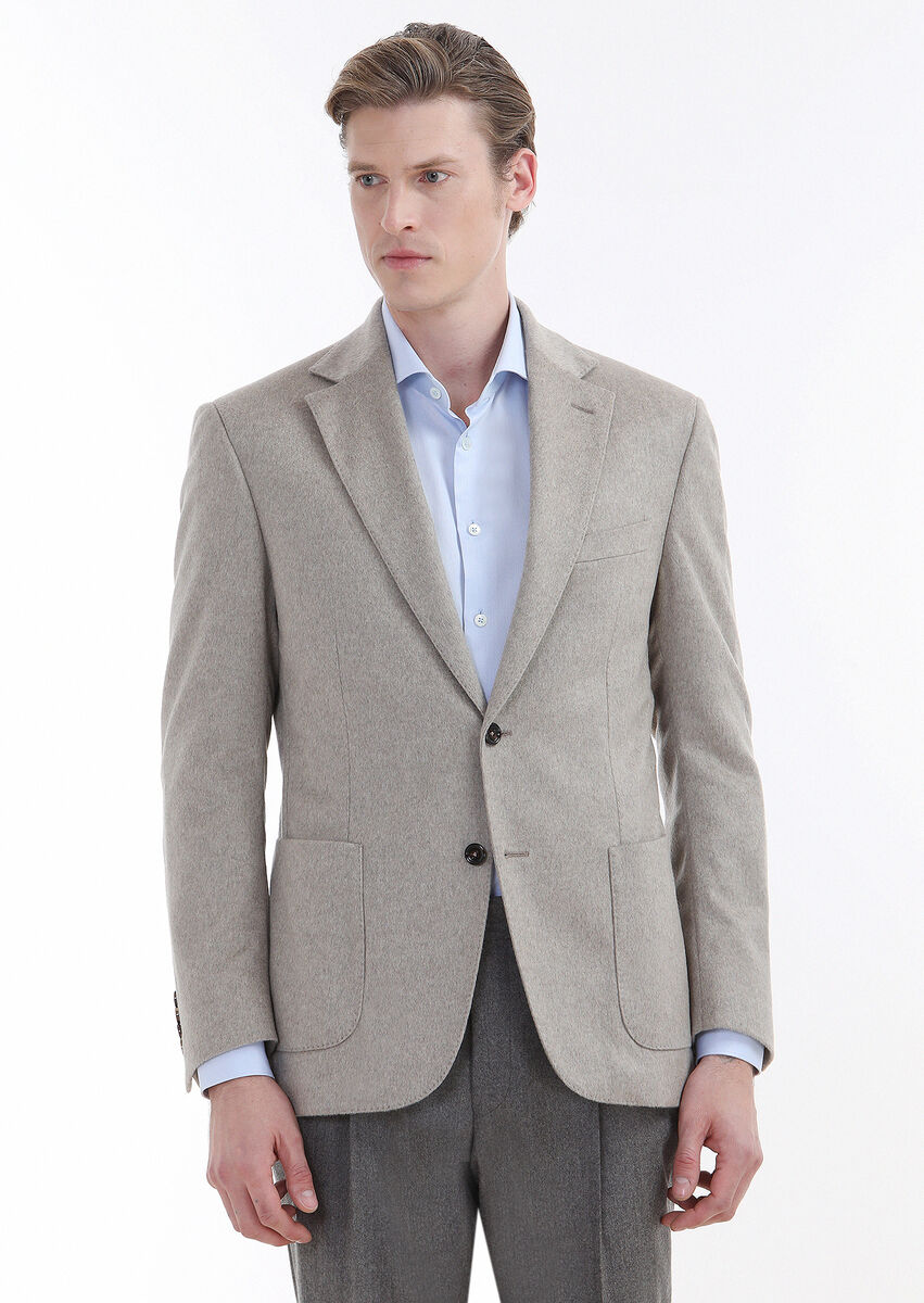 Beige Plain Zeroweight Slim Fit 100% Cashmire Jacket - 3