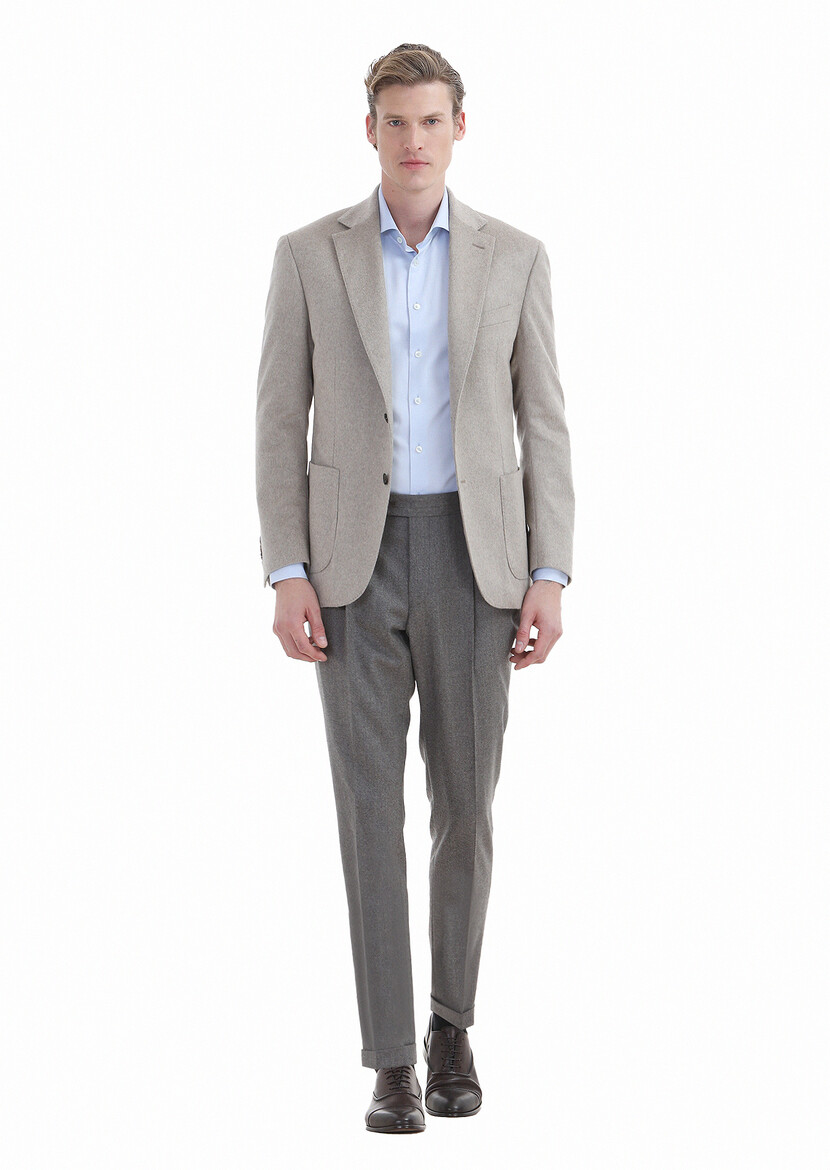 Beige Plain Zeroweight Slim Fit 100% Cashmire Jacket - 4