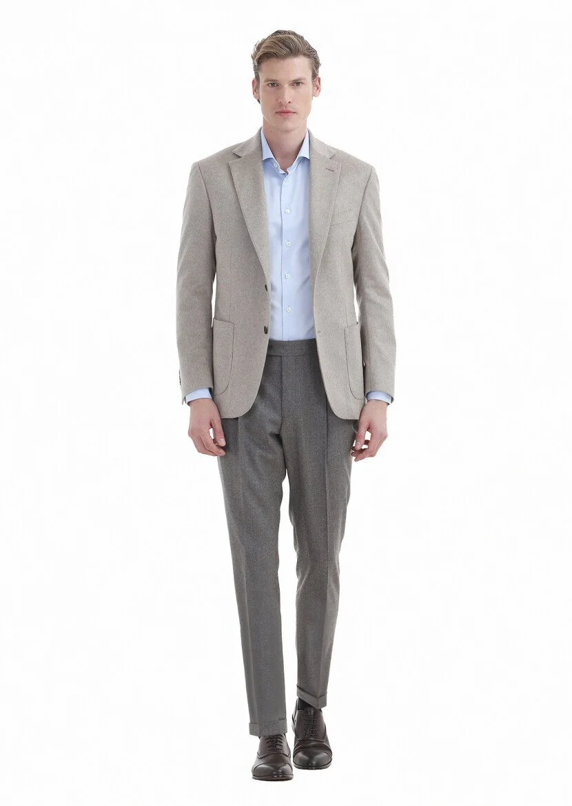Beige Plain Zeroweight Slim Fit 100% Cashmire Jacket - 4
