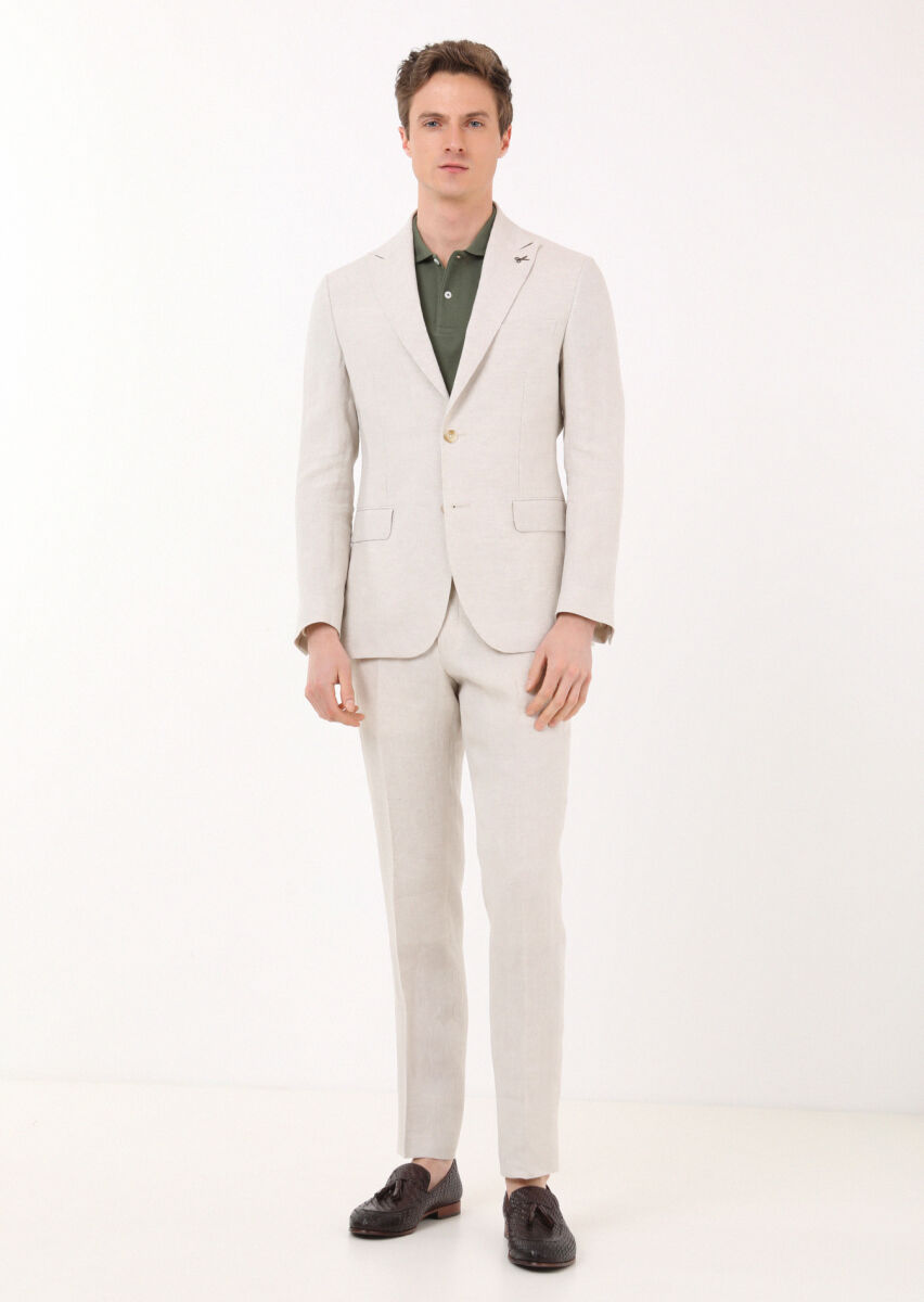 Beige Plain Zeroweight Slim Fit 100% Linen Suit - 1