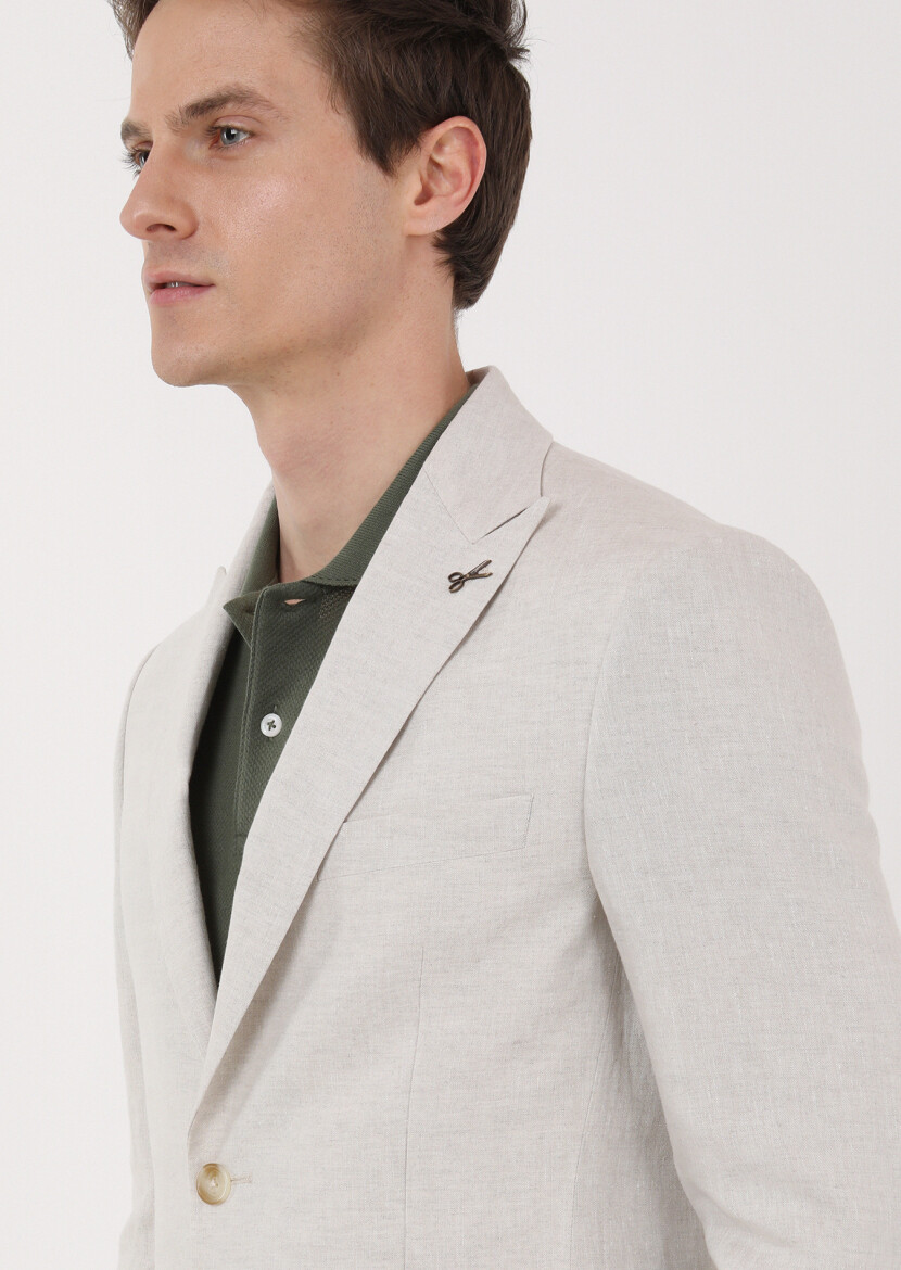 Beige Plain Zeroweight Slim Fit 100% Linen Suit 