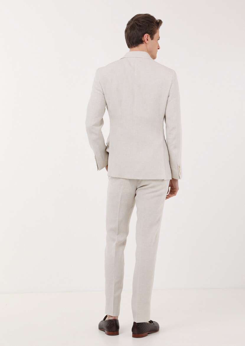 Beige Plain Zeroweight Slim Fit 100% Linen Suit - 3