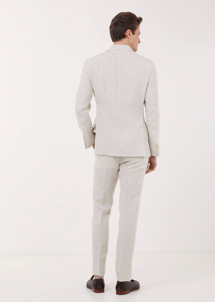 Beige Plain Zeroweight Slim Fit 100% Linen Suit - 3