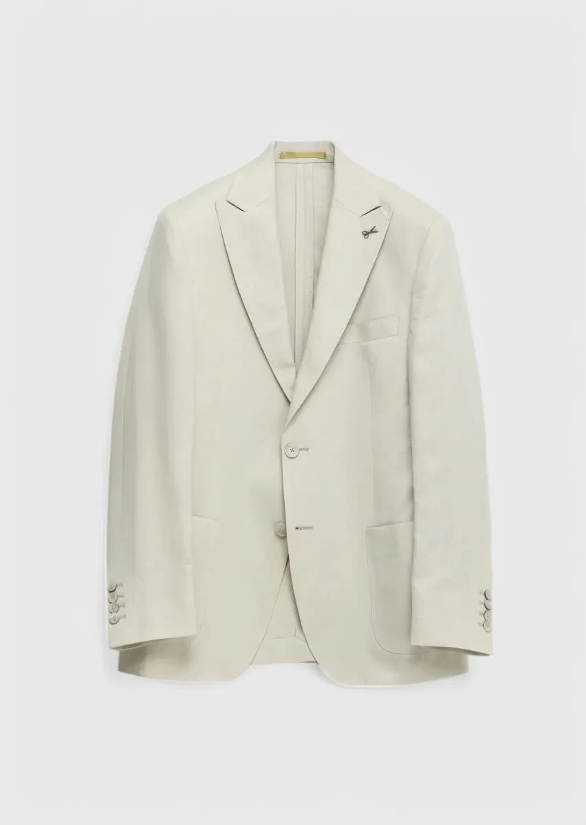 Beige Plain Zeroweight Slim Fit 100% Linen Suit - 6