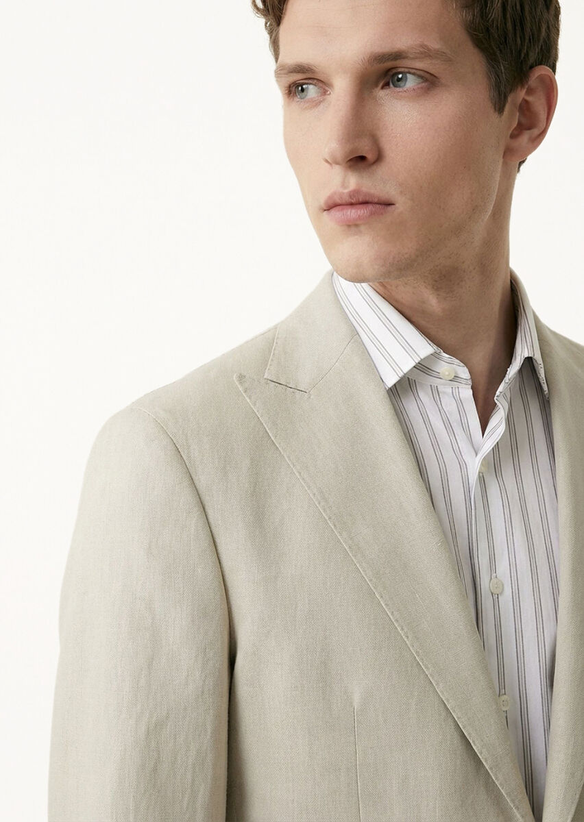 Beige Plain Zeroweight Slim Fit 100% Linen Suit - 2