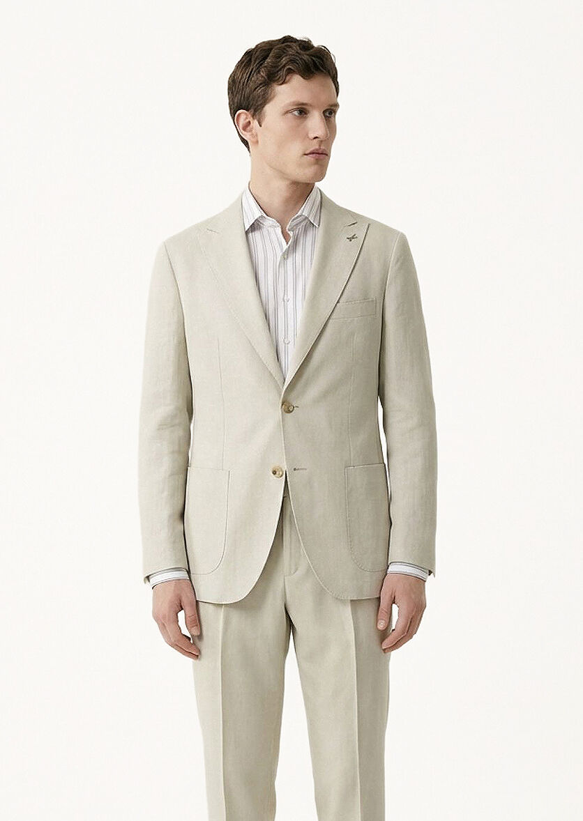 Beige Plain Zeroweight Slim Fit 100% Linen Suit - 3