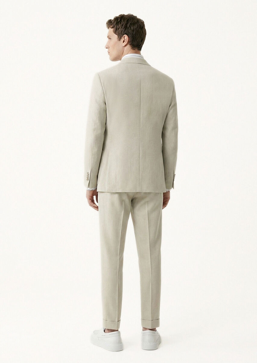 Beige Plain Zeroweight Slim Fit 100% Linen Suit - 5
