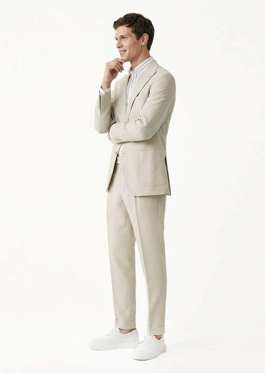Beige Plain Zeroweight Slim Fit 100% Linen Suit - 4