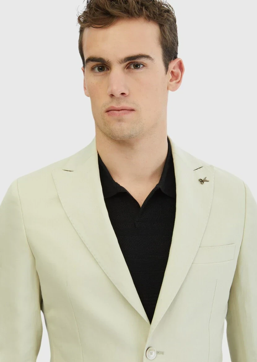 Beige Plain Zeroweight Slim Fit 100% Linen Suit - 3
