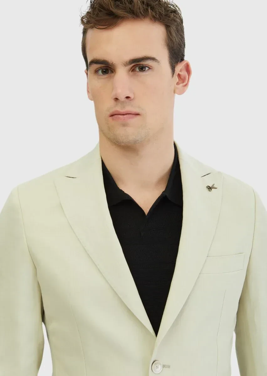 Beige Plain Zeroweight Slim Fit 100% Linen Suit - 3