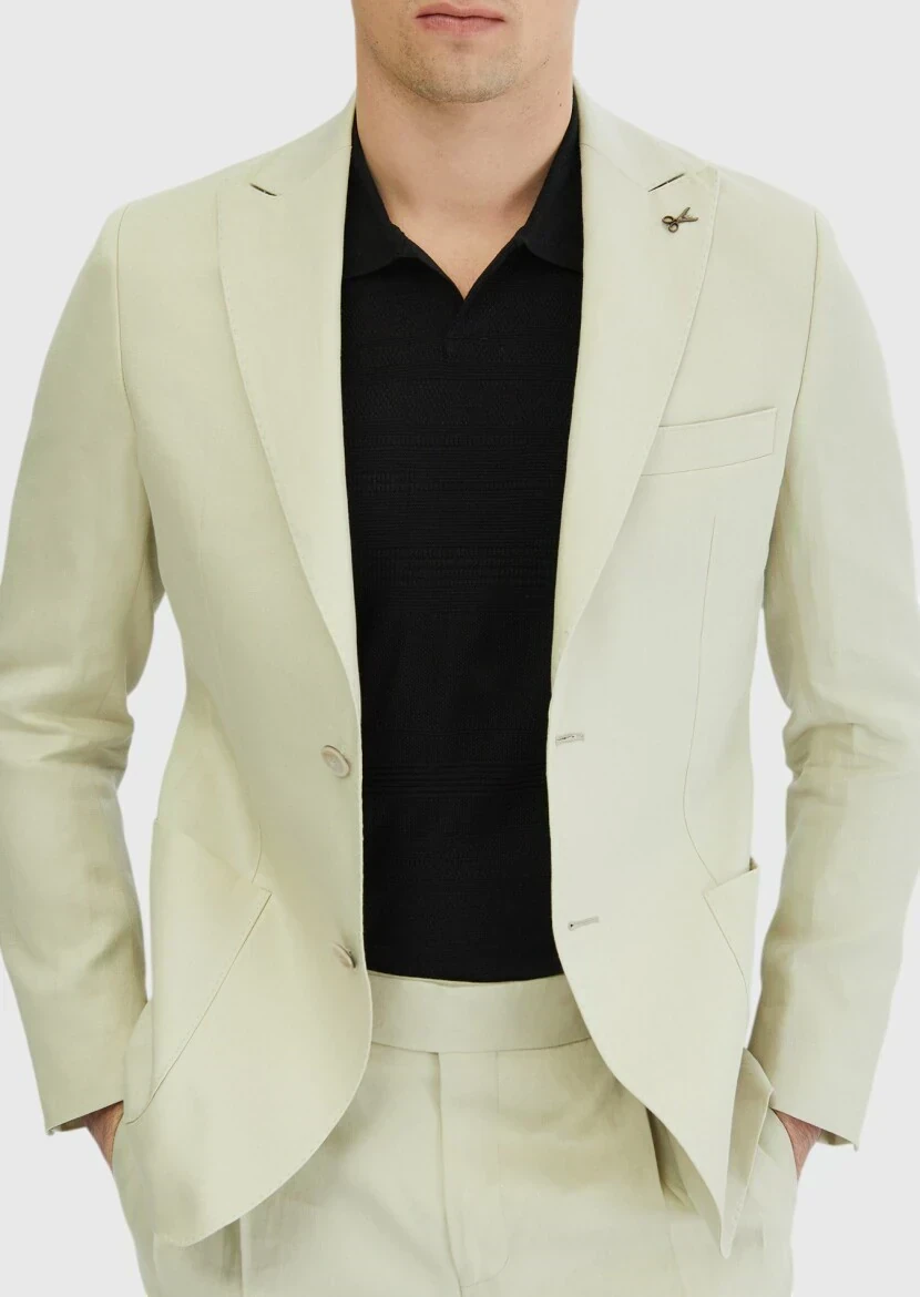 Beige Plain Zeroweight Slim Fit 100% Linen Suit - 4
