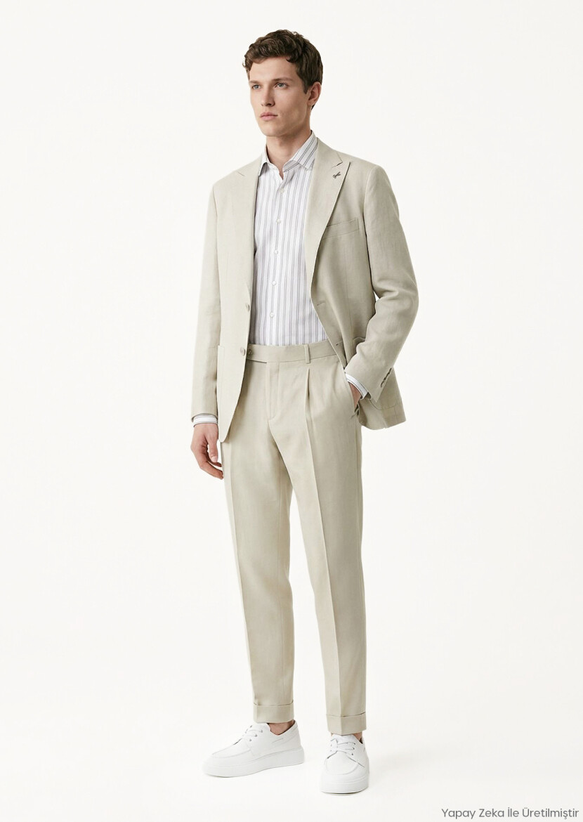 Beige Plain Zeroweight Slim Fit 100% Linen Suit - RAMSEY
