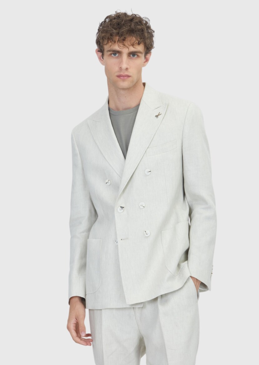 Beige Plain Zeroweight Slim Fit 100% Linen Suit - 1