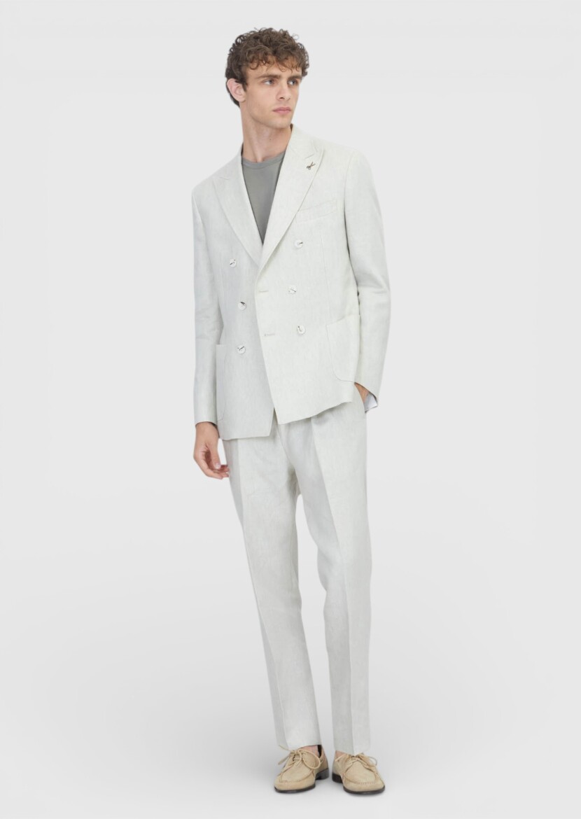 Beige Plain Zeroweight Slim Fit 100% Linen Suit - 2