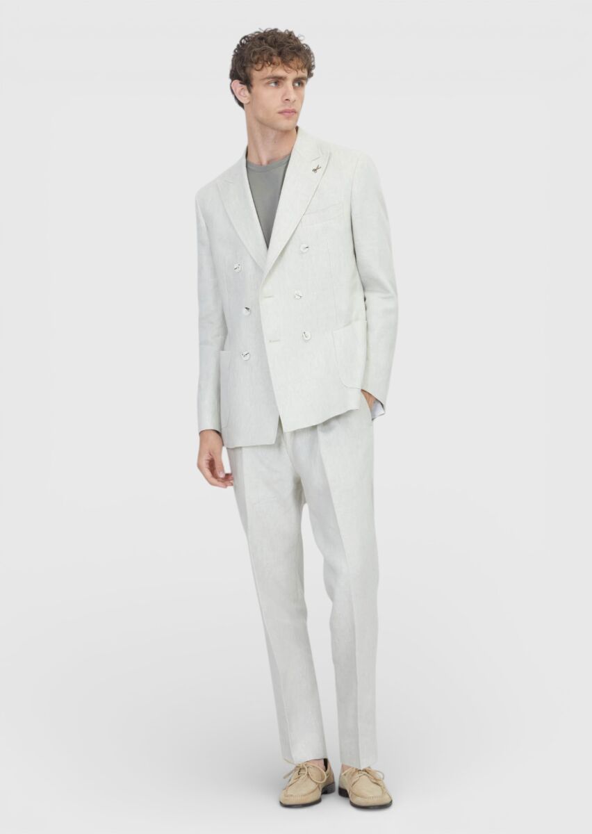 Beige Plain Zeroweight Slim Fit 100% Linen Suit - 2