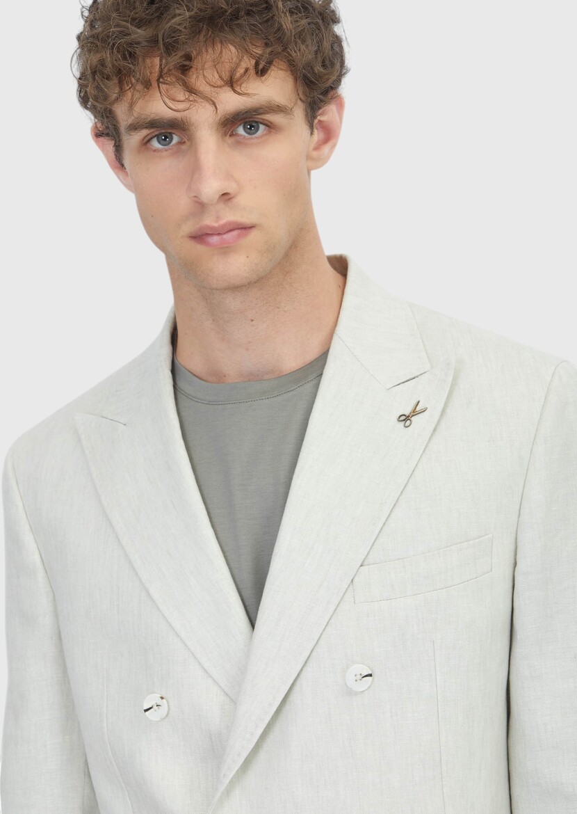 Beige Plain Zeroweight Slim Fit 100% Linen Suit - 4