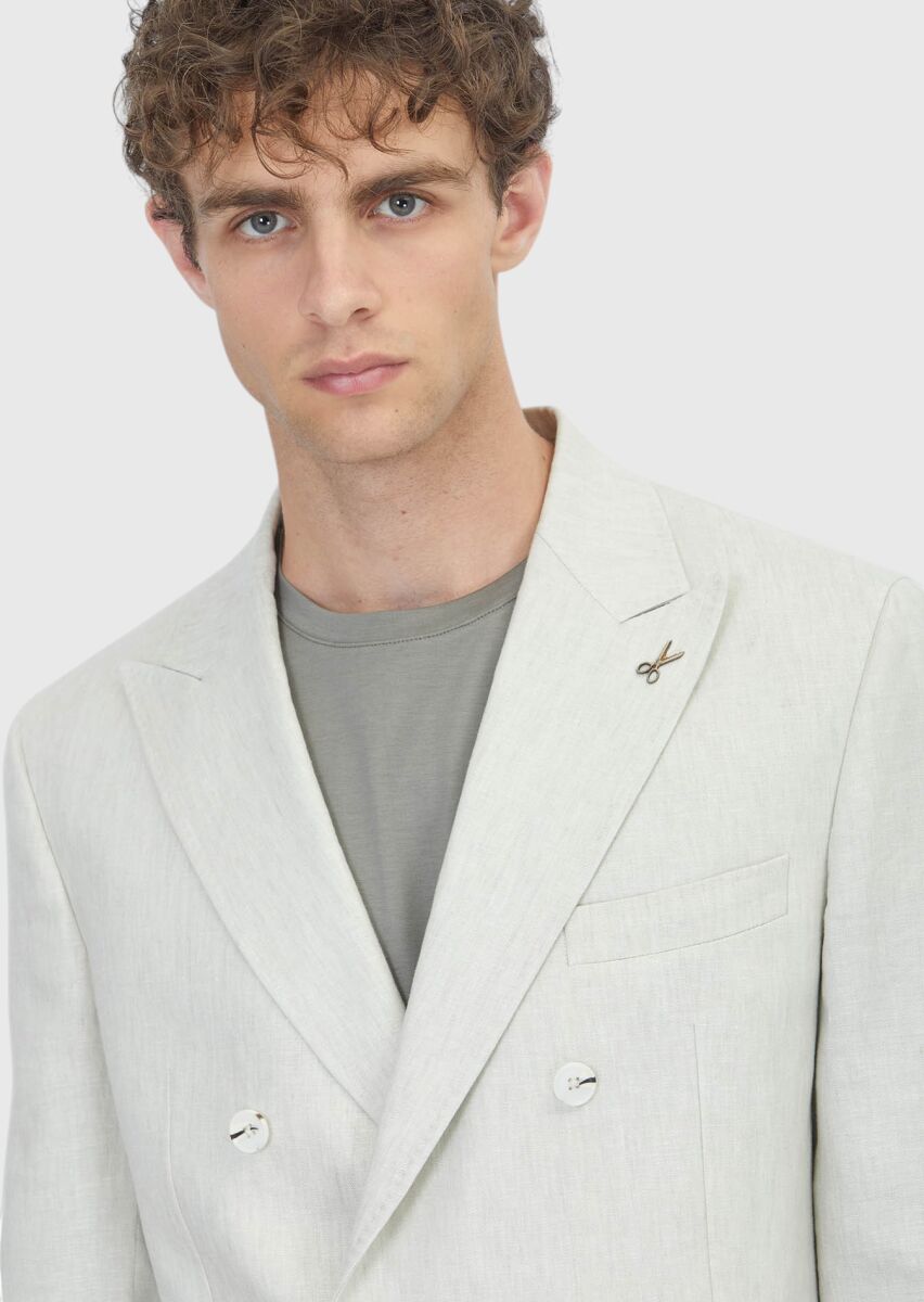 Beige Plain Zeroweight Slim Fit 100% Linen Suit - 4