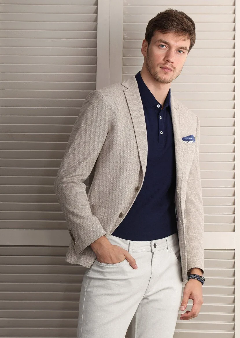 Beige Plain Zeroweight Slim Fit Cotton Blended Jacket - 1