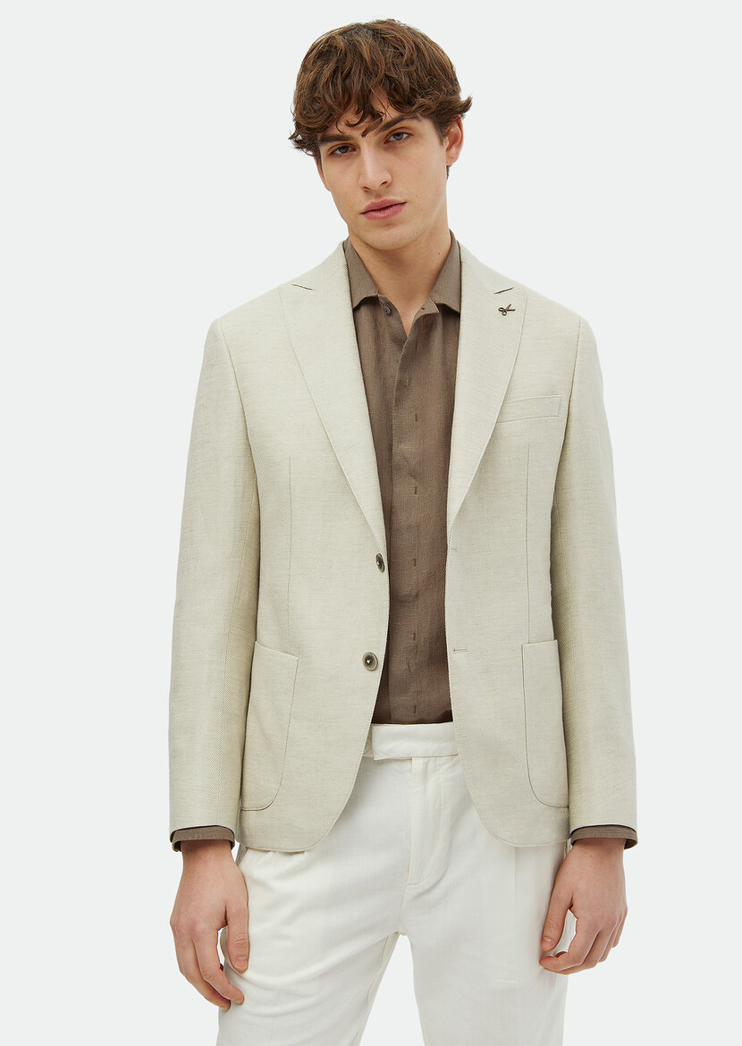 Beige Plain Zeroweight Slim Fit Cotton Blended Jacket - 1