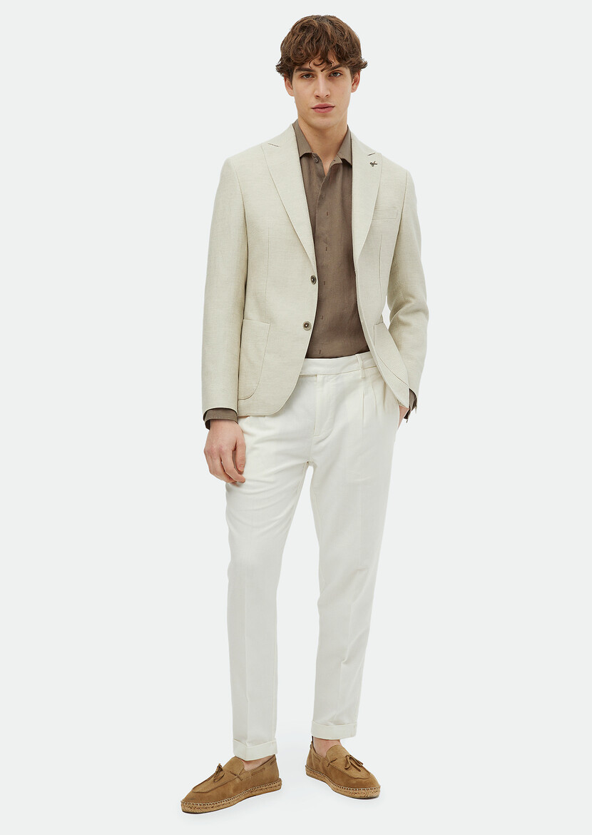 Beige Plain Zeroweight Slim Fit Cotton Blended Jacket - 2