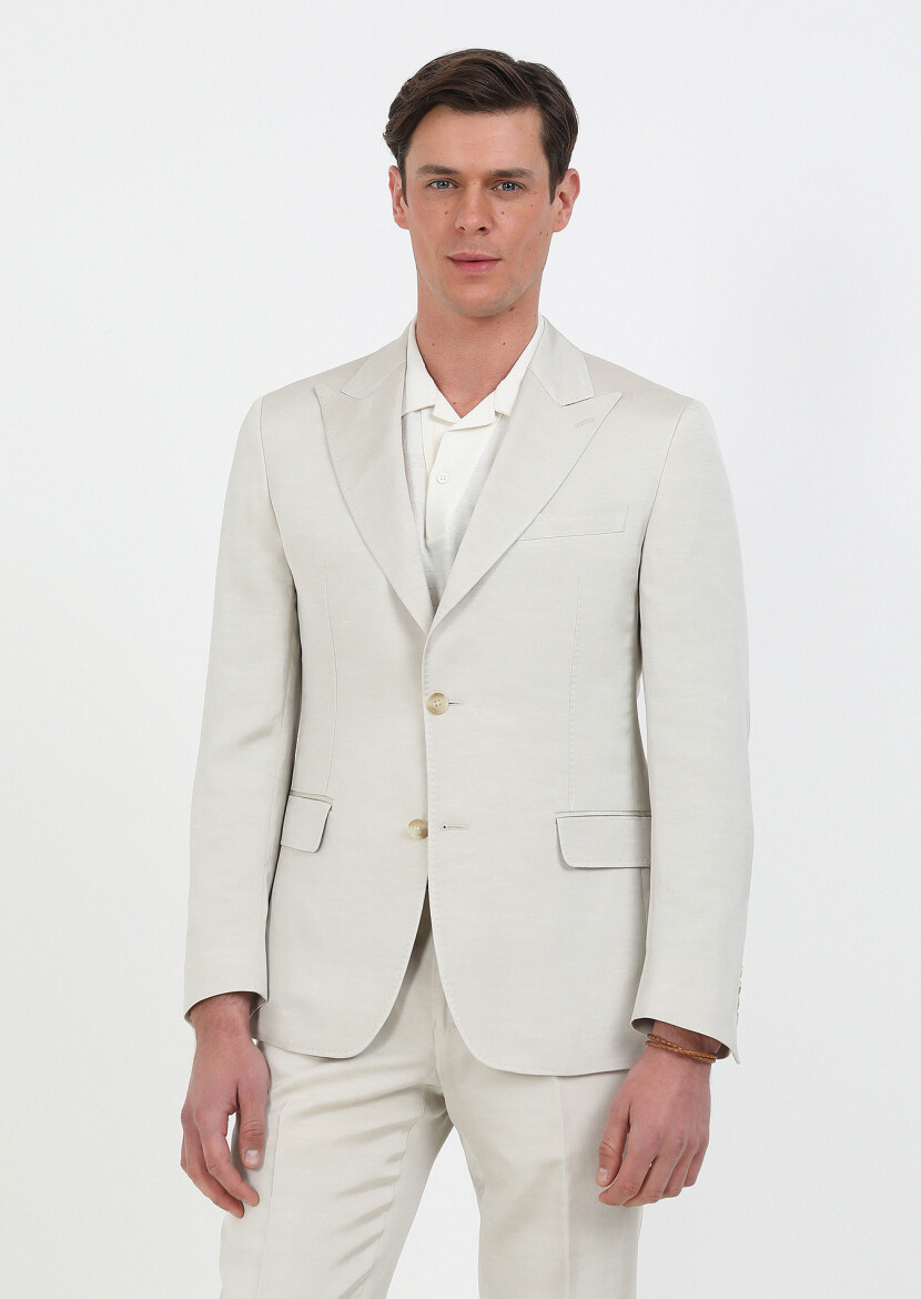 Beige Plain Zeroweight Slim Fit Cotton Blended Suit - 6